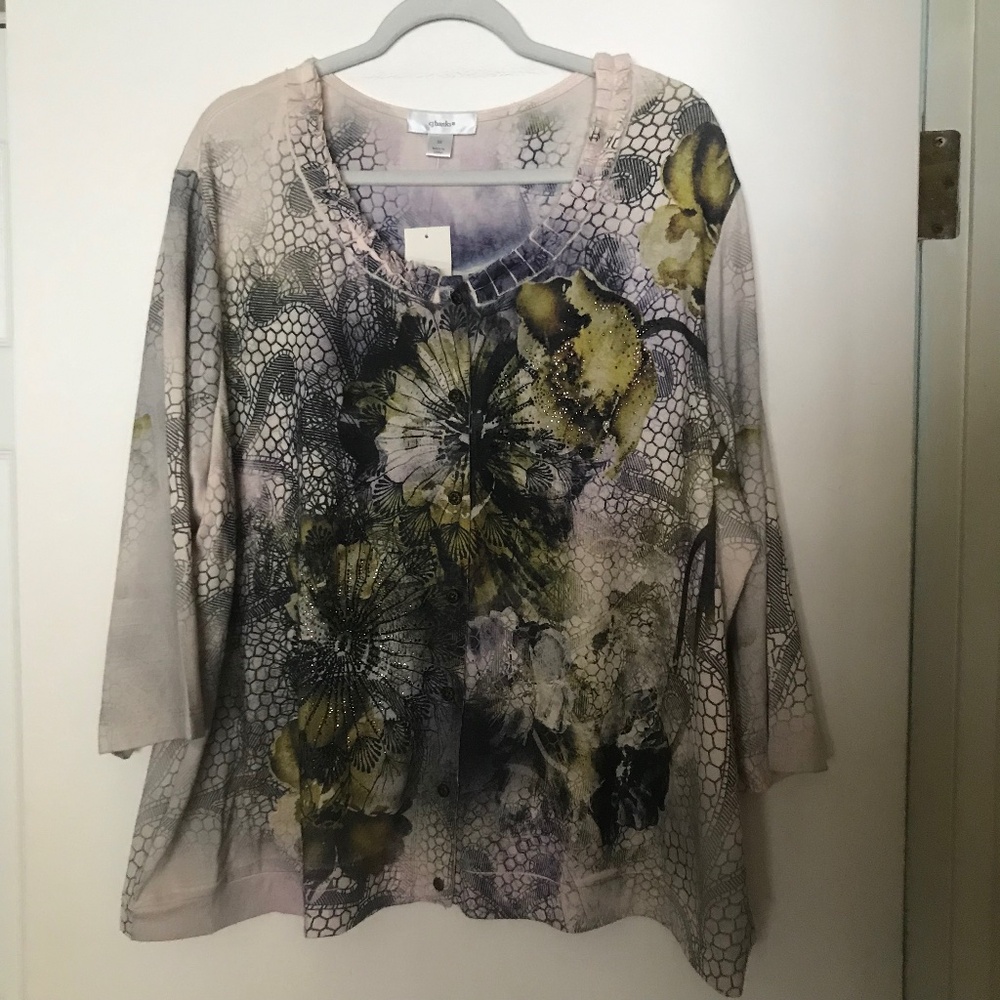 NWT CJ Banks Cardigan Sweater 3X tan chartreuse green y2k Floral bling purple